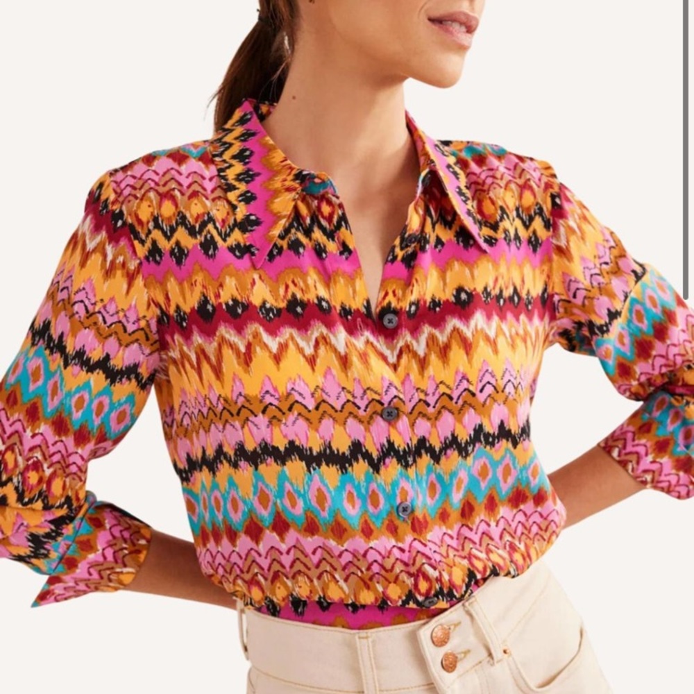 BODEN 100% SILK Multicolor Ikat-Print Button-Down Shirt NWOT Resort Luxury